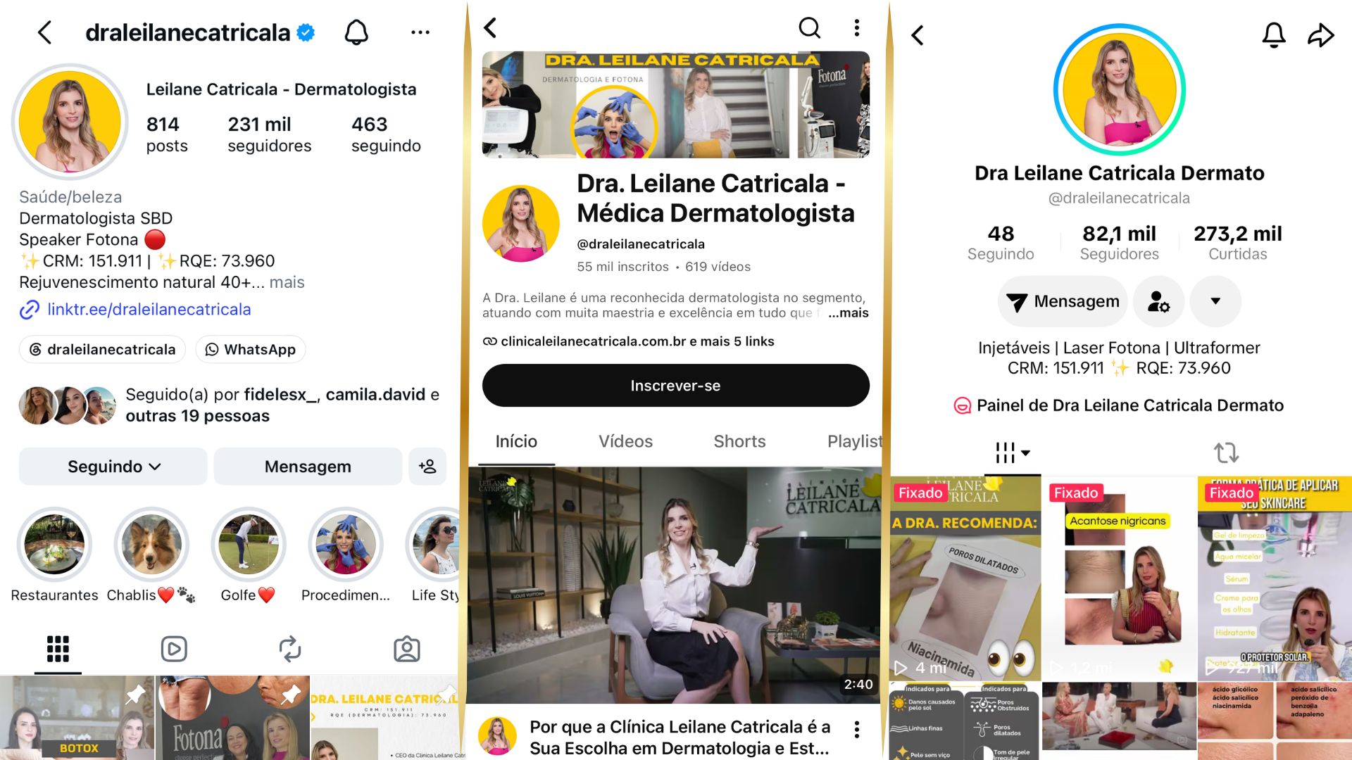 Perfis do Instagram, YouTube e TikTok da Dra. Leilane Catricala